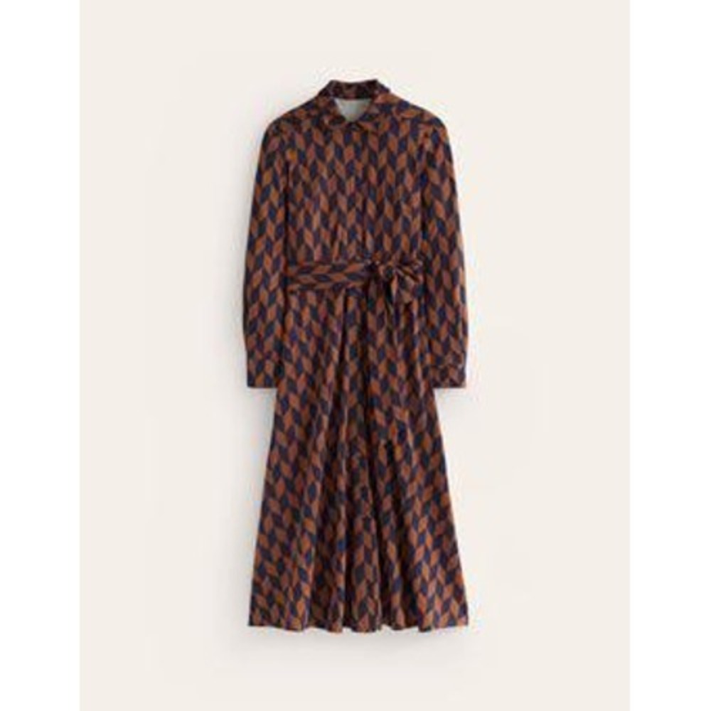 Boden Marcia Geometric Shirt Dress 8P Brown Navy Midi Long Sleeve Tencel Mod